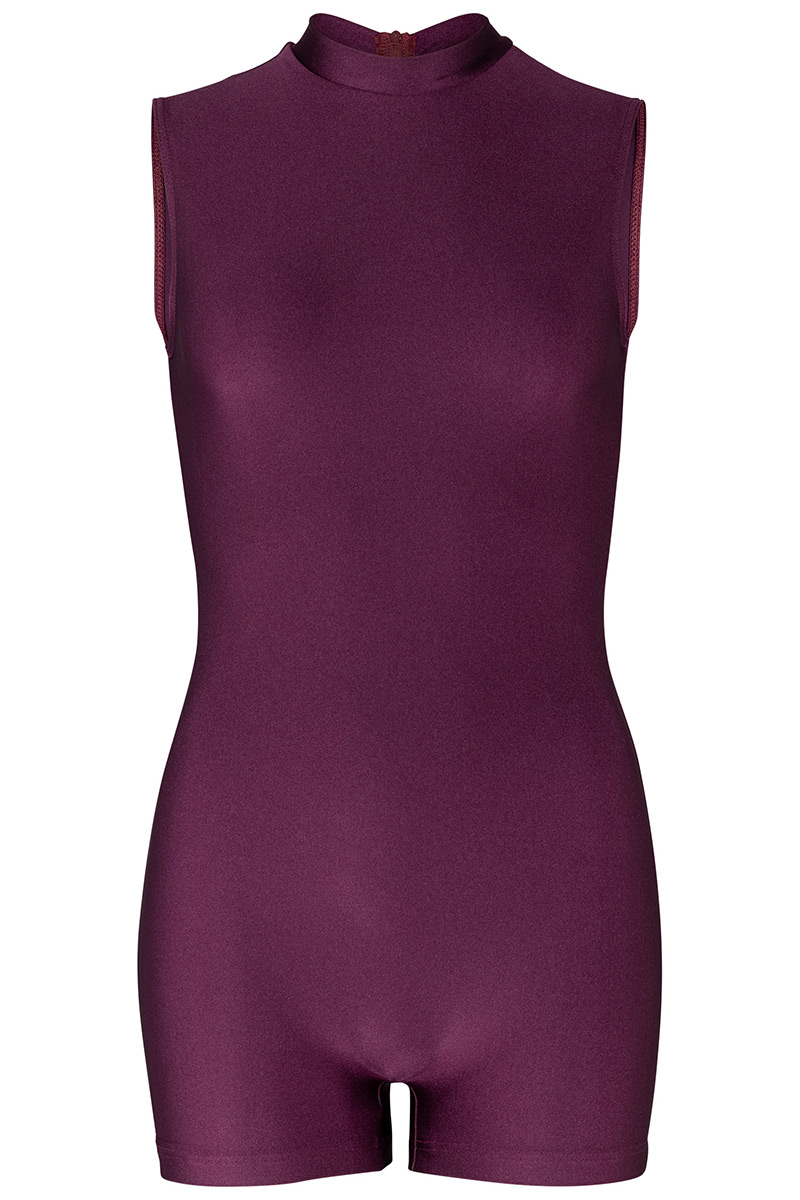 Catsuit glänzend, Stehkragen, RÜRV, ohne Arm, Hot-Pant-Bein