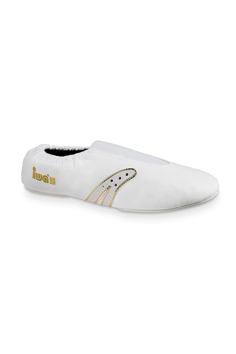 Weißer IWA Turnschuh mit goldener Verzierung, Seitenansicht