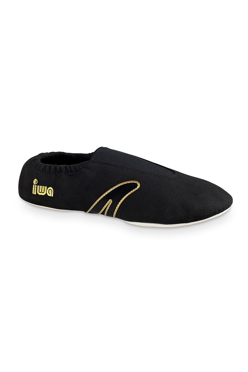 Schwarzer IWA Turnschuh mit goldener Verzierung, Seitenansicht