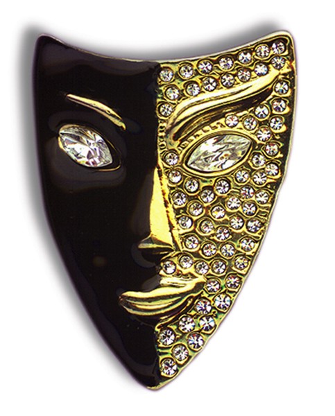 Brosche „Maske“, schwarz/gold, mit viel Strass