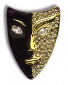 Brosche „Maske“, schwarz/gold, mit viel Strass